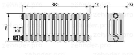 Схема (чертеж) Радиатор Zehnder Charleston 5026/15 №V004 Белый глянцевый RAL 9016